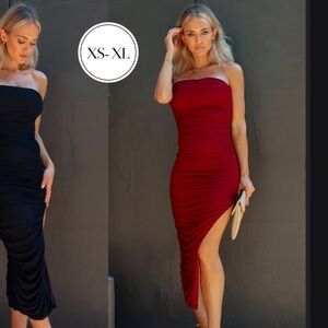 Ruched side slit midi dress